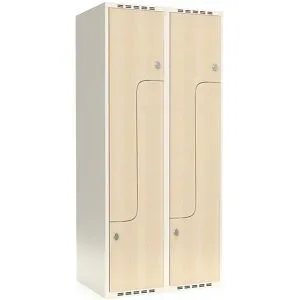 kaiserkraft Z-Spind Fydor, HPL, 2 Abteile, weiß/Birke, B 800 mm, flache Dachform, Vorhängeschloss