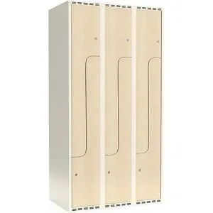kaiserkraft Z-Spind Fydor, HPL, 3 Abteile, weiß/Birke, B 900 mm, flache Dachform, Zylinderschloss