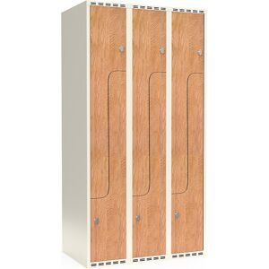 kaiserkraft Z-Spind Fydor, HPL, 3 Abteile, weiß/Eiche, B 900 mm, flache Dachform, Vorhängeschloss