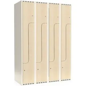 kaiserkraft Z-Spind Fydor, HPL, 4 Abteile, weiß/Birke, B 1200 mm, flache Dachform, Zylinderschloss