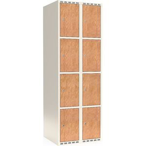 kaiserkraft 4er-Schließfachschrank Fydor, HPL, 2 Abteile, weiß/Eiche, B 600 mm, flache Dachform, Zylinderschloss