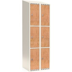 kaiserkraft 3er-Schließfachschrank Fydor, HPL, 2 Abteile, weiß/Eiche, B 600 mm, schräge Dachform, Vorhängeschloss