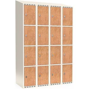 kaiserkraft 4er-Schließfachschrank Fydor, HPL, 4 Abteile, weiß/Eiche, B 1200 mm, schräge Dachform, Vorhängeschloss