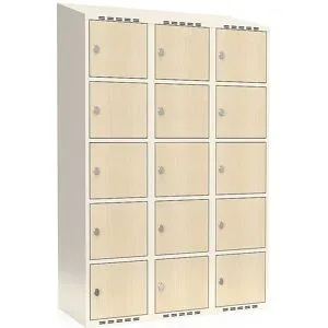 kaiserkraft 5er-Schließfachschrank Fydor, HPL, 3 Abteile, weiß/Birke, B 1200 mm, schräge Dachform, Vorhängeschloss