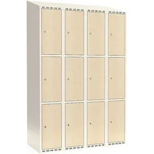 kaiserkraft 3er-Schließfachschrank Fydor, HPL, 4 Abteile, weiß/Birke, B 1200 mm, schräge Dachform, Zylinderschloss