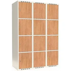 kaiserkraft 4er-Schließfachschrank Fydor, HPL, 3 Abteile, weiß/Eiche, B 1200 mm, flache Dachform, Zylinderschloss