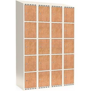 kaiserkraft 5er-Schließfachschrank Fydor, HPL, 4 Abteile, weiß/Eiche, B 1200 mm, schräge Dachform, Zylinderschloss