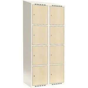 kaiserkraft 4er-Schließfachschrank Fydor, HPL, 2 Abteile, weiß/Birke, B 800 mm, schräge Dachform, Zylinderschloss