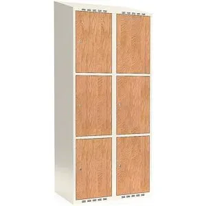 kaiserkraft 3er-Schließfachschrank Fydor, HPL, 2 Abteile, weiß/Eiche, B 800 mm, schräge Dachform, Zylinderschloss
