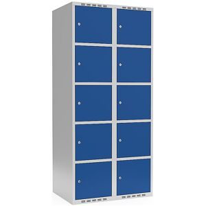 kaiserkraft 5er-Schließfachschrank Fydor, 2 Abteile, lichtgrau / enzianblau, B 800 mm, flache Dachform, Zylinderschloss