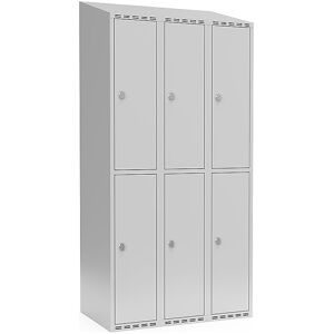 kaiserkraft Doppelstock-Spind Fydor, 3 Abteile, lichtgrau, B 900 mm, schräge Dachform, Vorhängeschloss