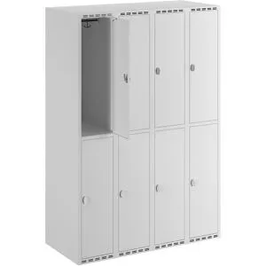 kaiserkraft Doppelstock-Spind Fydor, 4 Abteile, lichtgrau, B 1200 mm, flache Dachform, Vorhängeschloss