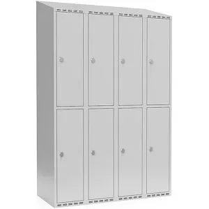 kaiserkraft Doppelstock-Spind Fydor, 4 Abteile, lichtgrau, B 1200 mm, schräge Dachform, Vorhängeschloss