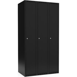 kaiserkraft Spind Fydor, 3 Abteile, schwarz, B 900 mm, flache Dachform, Zylinderschloss