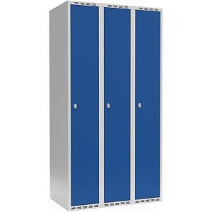 kaiserkraft Spind Fydor, 3 Abteile, lichtgrau / enzianblau, B 900 mm, flache Dachform, Vorhängeschloss