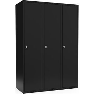 kaiserkraft Spind Fydor, 3 Abteile, schwarz, B 1200 mm, flache Dachform, Vorhängeschloss