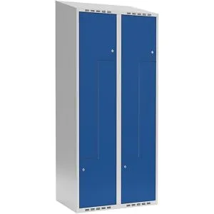 kaiserkraft Z-Spind Fydor, 2 Abteile, lichtgrau / enzianblau, B 800 mm, schräge Dachform, Zylinderschloss