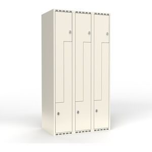 kaiserkraft Z-Spind Fydor, 3 Abteile, weiß, B 900 mm, flache Dachform, Vorhängeschloss