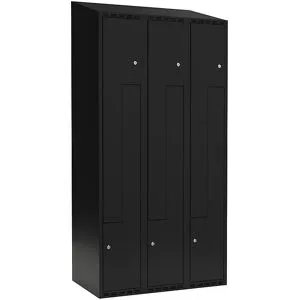 kaiserkraft Z-Spind Fydor, 3 Abteile, schwarz, B 900 mm, schräge Dachform, Zylinderschloss