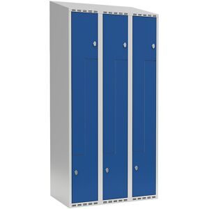 kaiserkraft Z-Spind Fydor, 3 Abteile, lichtgrau / enzianblau, B 900 mm, schräge Dachform, Vorhängeschloss