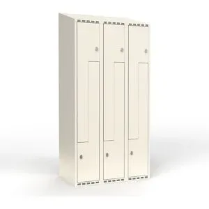 kaiserkraft Z-Spind Fydor, 3 Abteile, weiß, B 900 mm, schräge Dachform, Vorhängeschloss