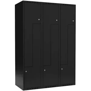kaiserkraft Z-Spind Fydor, 3 Abteile, schwarz, B 1200 mm, flache Dachform, Zylinderschloss