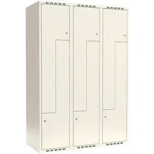 kaiserkraft Z-Spind Fydor, 3 Abteile, weiß, B 1200 mm, flache Dachform, Zylinderschloss