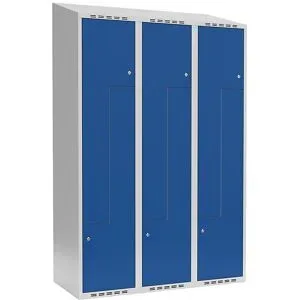 kaiserkraft Z-Spind Fydor, 3 Abteile, lichtgrau / enzianblau, B 1200 mm, schräge Dachform, Zylinderschloss