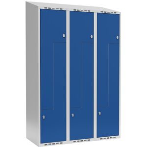 kaiserkraft Z-Spind Fydor, 3 Abteile, lichtgrau / enzianblau, B 1200 mm, schräge Dachform, Vorhängeschloss