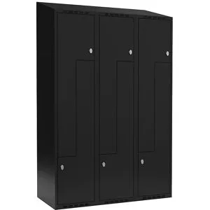 kaiserkraft Z-Spind Fydor, 3 Abteile, schwarz, B 1200 mm, schräge Dachform, Vorhängeschloss