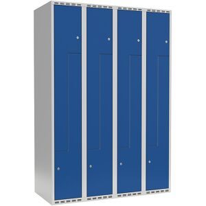 kaiserkraft Z-Spind Fydor, 4 Abteile, lichtgrau / enzianblau, B 1200 mm, flache Dachform, Zylinderschloss