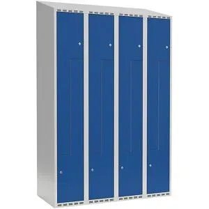 kaiserkraft Z-Spind Fydor, 4 Abteile, lichtgrau / enzianblau, B 1200 mm, schräge Dachform, Zylinderschloss