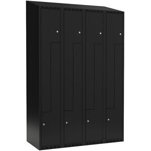 kaiserkraft Z-Spind Fydor, 4 Abteile, schwarz, B 1200 mm, schräge Dachform, Zylinderschloss