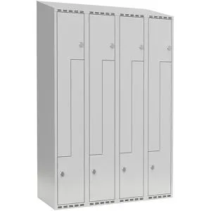 kaiserkraft Z-Spind Fydor, 4 Abteile, lichtgrau, B 1200 mm, schräge Dachform, Vorhängeschloss