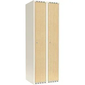 kaiserkraft Spind Fydor, HPL, 2 Abteile, weiß/Birke, B 600 mm, flache Dachform, Zylinderschloss