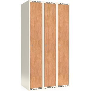kaiserkraft Spind Fydor, HPL, 3 Abteile, weiß/Eiche, B 900 mm, flache Dachform, Zylinderschloss