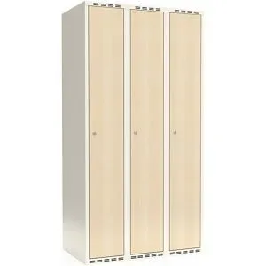 kaiserkraft Spind Fydor, HPL, 3 Abteile, weiß/Birke, B 900 mm, flache Dachform, Zylinderschloss