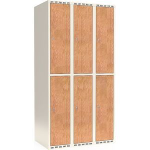 kaiserkraft Doppelstock-Spind Fydor, HPL, 3 Abteile, weiß/Eiche, B 900 mm, flache Dachform, Zylinderschloss