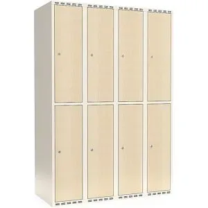 kaiserkraft Doppelstock-Spind Fydor, HPL, 4 Abteile, weiß/Birke, B 1200 mm, flache Dachform, Zylinderschloss