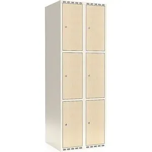 kaiserkraft 3er-Schließfachschrank Fydor, HPL, 2 Abteile, weiß/Birke, B 600 mm, flache Dachform, Zylinderschloss