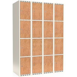 kaiserkraft 4er-Schließfachschrank Fydor, HPL, 4 Abteile, weiß/Eiche, B 1200 mm, flache Dachform, Zylinderschloss