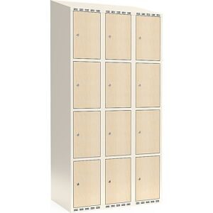 kaiserkraft 4er-Schließfachschrank Fydor, HPL, 3 Abteile, weiß/Birke, B 900 mm, schräge Dachform, Zylinderschloss