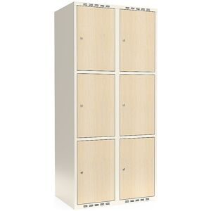 kaiserkraft 3er-Schließfachschrank Fydor, HPL, 2 Abteile, weiß/Birke, B 800 mm, flache Dachform, Zylinderschloss