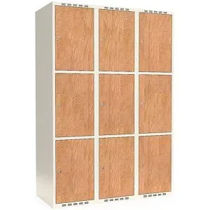 kaiserkraft 3er-Schließfachschrank Fydor, HPL, 3 Abteile, weiß/Eiche, B 1200 mm, flache Dachform, Zylinderschloss