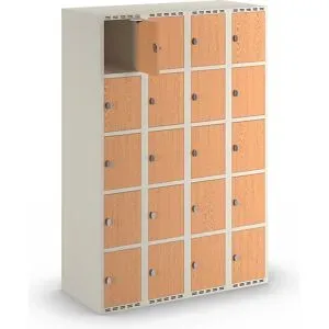 kaiserkraft 5er-Schließfachschrank Fydor, HPL, 4 Abteile, weiß/Eiche, B 1200 mm, flache Dachform, Vorhängeschloss