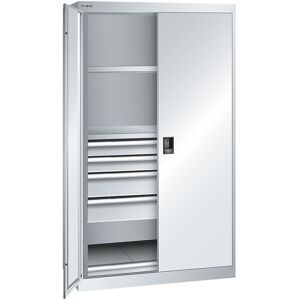 ESD-Schwerlastschrank, H 1950 mm, 2 Fachböden, 4 Schubladen, 1 Auszugboden, BxT 1100 x 641 mm, lichtgrau LISTA