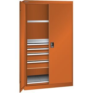 ESD-Schwerlastschrank, H 1950 mm, 2 Fachböden, 4 Schubladen, 1 Auszugboden, BxT 1100 x 641 mm, orange LISTA