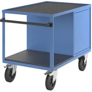 Montagewagen, Tragfähigkeit 500 kg, 1 Schrank rechts, Arbeitsfläche aus Riefengummimatte, lichtblau RAL 5012 eurokraft pro