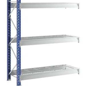 Schwerlast-Großfachregal mit Drahtgitterauflagen, Rahmenfarbe Blau, HxBxT 2496 x 2330 x 800 mm, Anbauregal Manorga