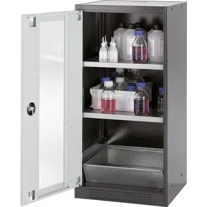 Labor-Chemikalienschrank, 1-türig, halbhoch, 2 Fachböden, mit Sichtfenster, grau asecos